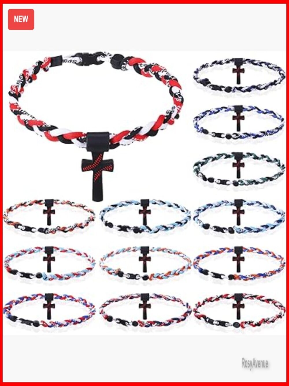 12 Pack Unisex Baseball Necklace with Cross Pendant, 18'' Braided Titanium